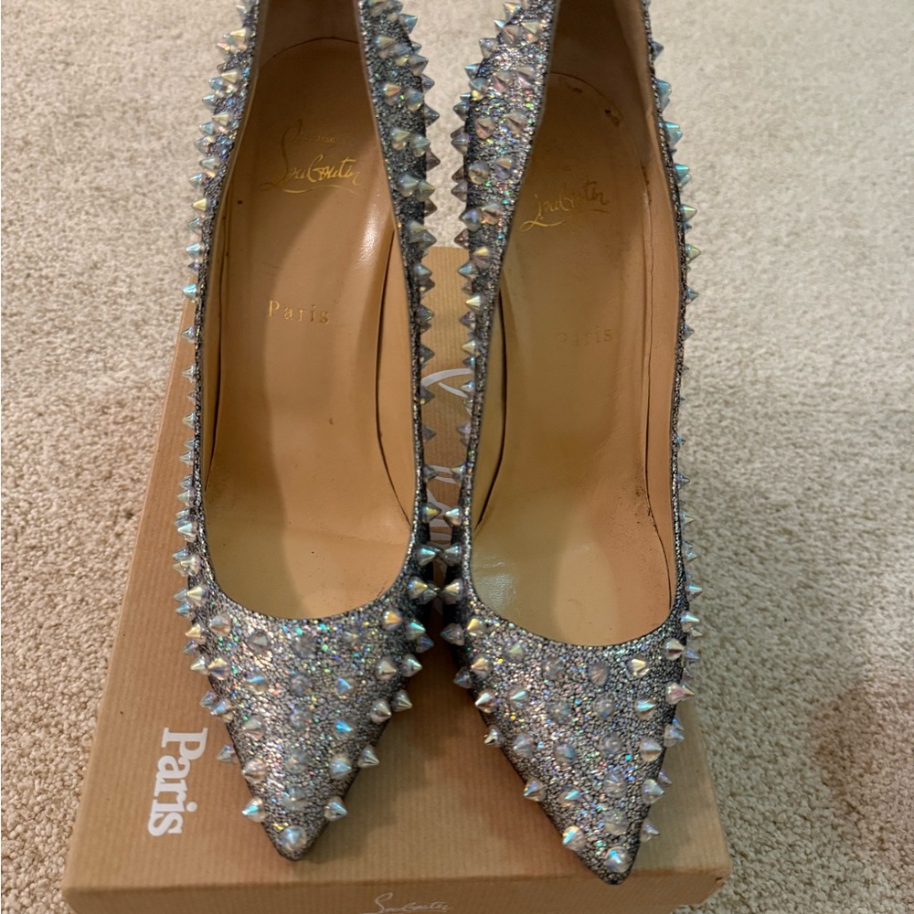 Christian Louboutin FOLLIES SPIKES 100 NAPPA MICA Glitter Silver Spiked Heels